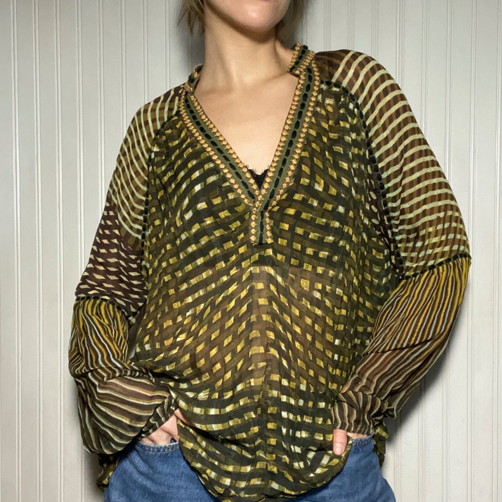 Vtg Y2K Sheer Mixed Print Goblincore Mesh Balloon Sleeve Maximalist Blouse - L